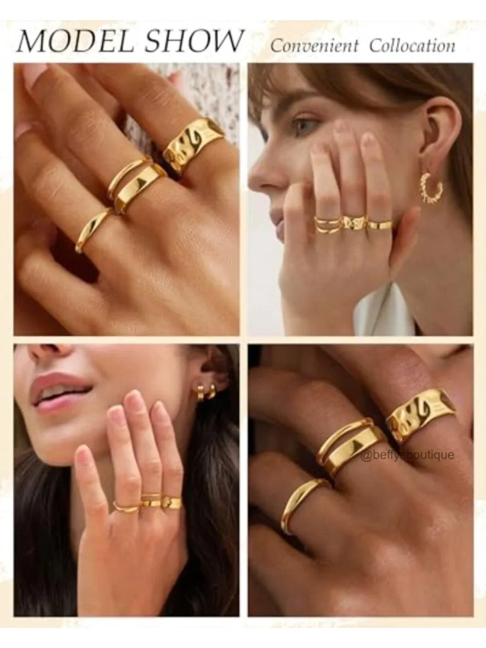 4-Piece Non Tarnish Gold Plated Chunky Stacking Ring Set for Women